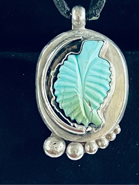 Jewelry - Sterling Silver Pendant Necklace with Carved Turquoise Leaf